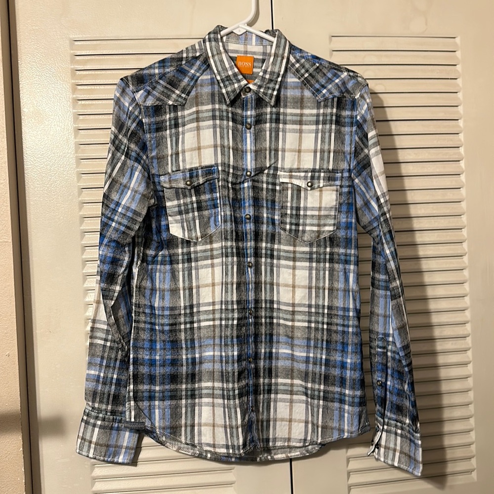 Hugo Boss Blue Check Shirt Snap Front Western